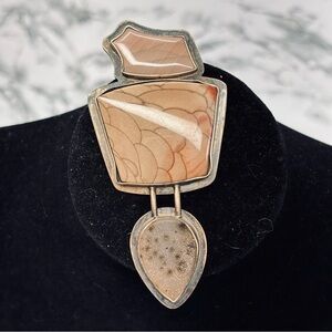 Vintage Elegant Large Sterling Silver marbled Obsidian Stone Pendant Necklace